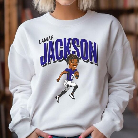 Funny Ravens Lamar Jackson Sweatshirt Retro NFL Crewneck Caricature Football  79 - Picture 1 of 5